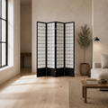 Warm loft | black four-panel shoji divider in a sunlit warm-white living room with pale oak floors