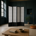 Blue library | black four-panel divider against deep blue-green paneling and pale limestone floor