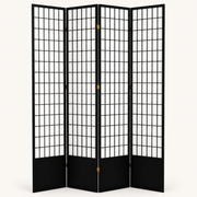 Front | black spruce four-panel folding divider with white rice-paper fields and rectangular shoji lattice