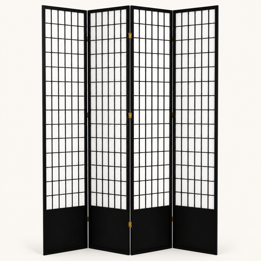 Front | black spruce four-panel folding divider with white rice-paper fields and rectangular shoji lattice