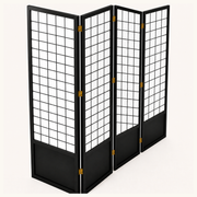 Side | elevated side studio view showing the alternating fold, black lower panels, and brass hinges