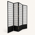 Angle | four-panel black shoji room divider in a strong three-quarter studio view