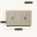 Overall dimensions | pale natural oak sideboard measuring 59.5 inches wide, 36 inches tall and 15.5 inches deep