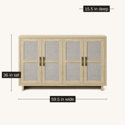 Overall dimensions | pale natural oak sideboard measuring 59.5 inches wide, 36 inches tall and 15.5 inches deep