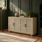 Deep green room | pale natural oak sideboard on terracotta tile with warm window light across its woven doors