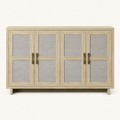 Front studio | pale natural oak sideboard with four framed doors, eight woven linen panels and four brass pulls