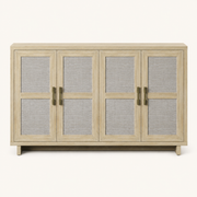 Front studio | pale natural oak sideboard with four framed doors, eight woven linen panels and four brass pulls