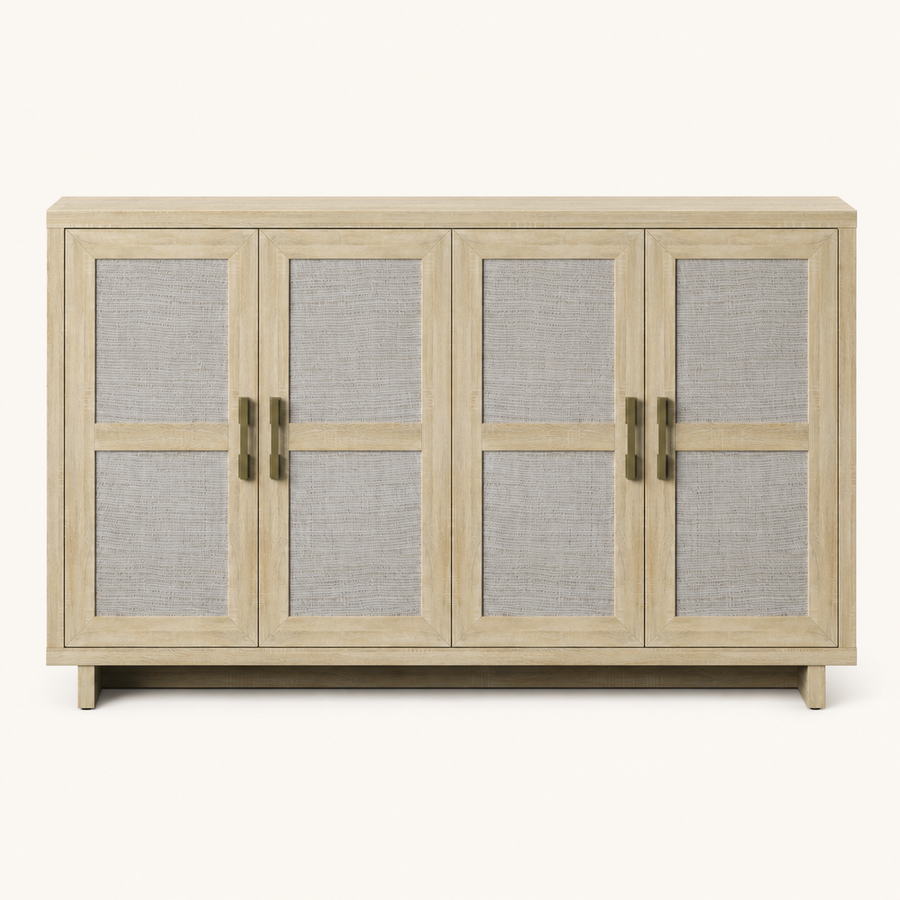 Front studio | pale natural oak sideboard with four framed doors, eight woven linen panels and four brass pulls