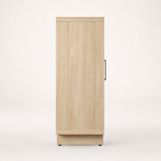 Side studio | strict profile of the pale natural oak case, top overhang, recessed plinth and projecting pull