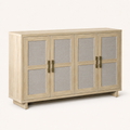 Three-quarter studio | pale natural oak sideboard showing four woven-panel doors, top depth and recessed base
