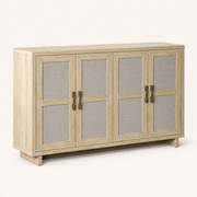 Three-quarter studio | pale natural oak sideboard showing four woven-panel doors, top depth and recessed base