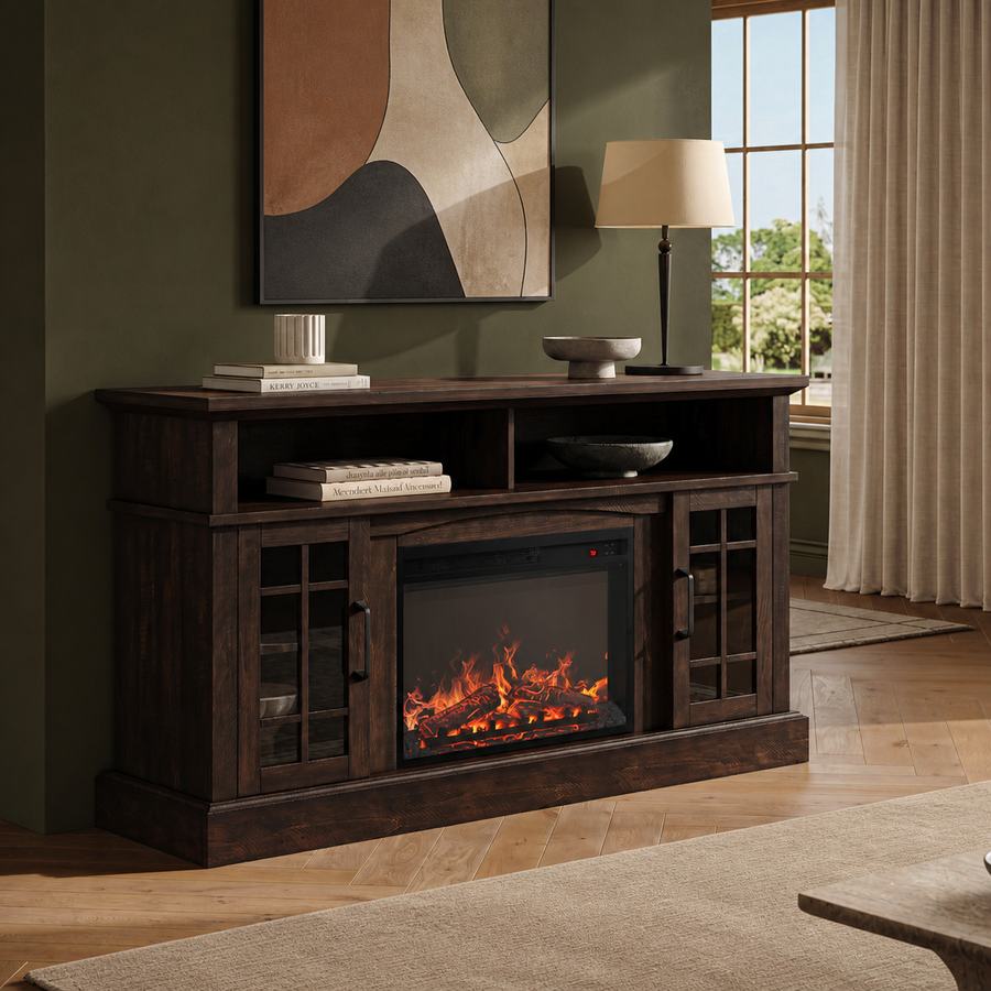 Varnholt Selatrad Fireplace Tv Stand in a restyled supplier room | Pipeline B room-shell edit 1