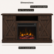 Dimensions detail | Front view of the dark espresso TV stand labeled 47.5 inches wide, 15.5 inches deep, and for TVs up to 55 inches