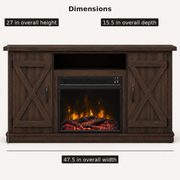 Dimensions | Front view of the dark espresso TV stand labeled 47.5 inches wide, 27 inches high, and 15.5 inches deep