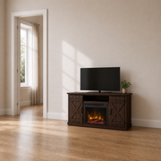 In scale | Dark espresso fireplace TV stand beside a full-height doorway with a blank TV and lit insert