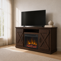 Warm room angle | Front-right room view of the dark espresso TV stand with closed X-brace doors and a lit insert