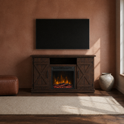 Terracotta room | Dark espresso fireplace TV stand with closed X-brace doors and a lit electric insert