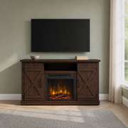 Sage room | Dark espresso fireplace TV stand with closed X-brace doors, a blank TV, and a lit electric insert