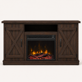 Studio front | Dark espresso fireplace TV stand with closed X-brace doors, black pulls, open shelf, and lit insert