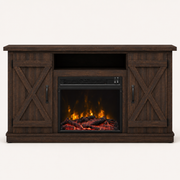 Studio front | Dark espresso fireplace TV stand with closed X-brace doors, black pulls, open shelf, and lit insert