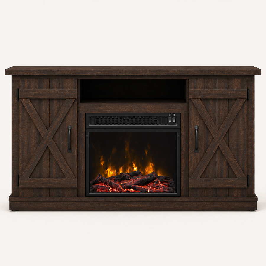 Studio front | Dark espresso fireplace TV stand with closed X-brace doors, black pulls, open shelf, and lit insert