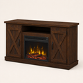 Studio angle | Front-right view of the dark espresso TV stand showing its top depth, closed doors, and fireplace insert