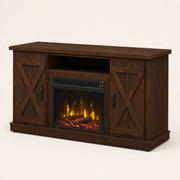 Studio angle | Front-right view of the dark espresso TV stand showing its top depth, closed doors, and fireplace insert