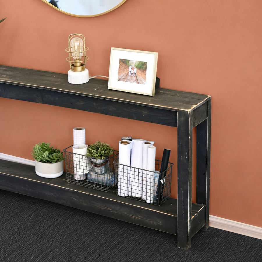 Varnholt Svinoy Wood Console Table in a restyled supplier room | Pipeline B room-shell edit 2