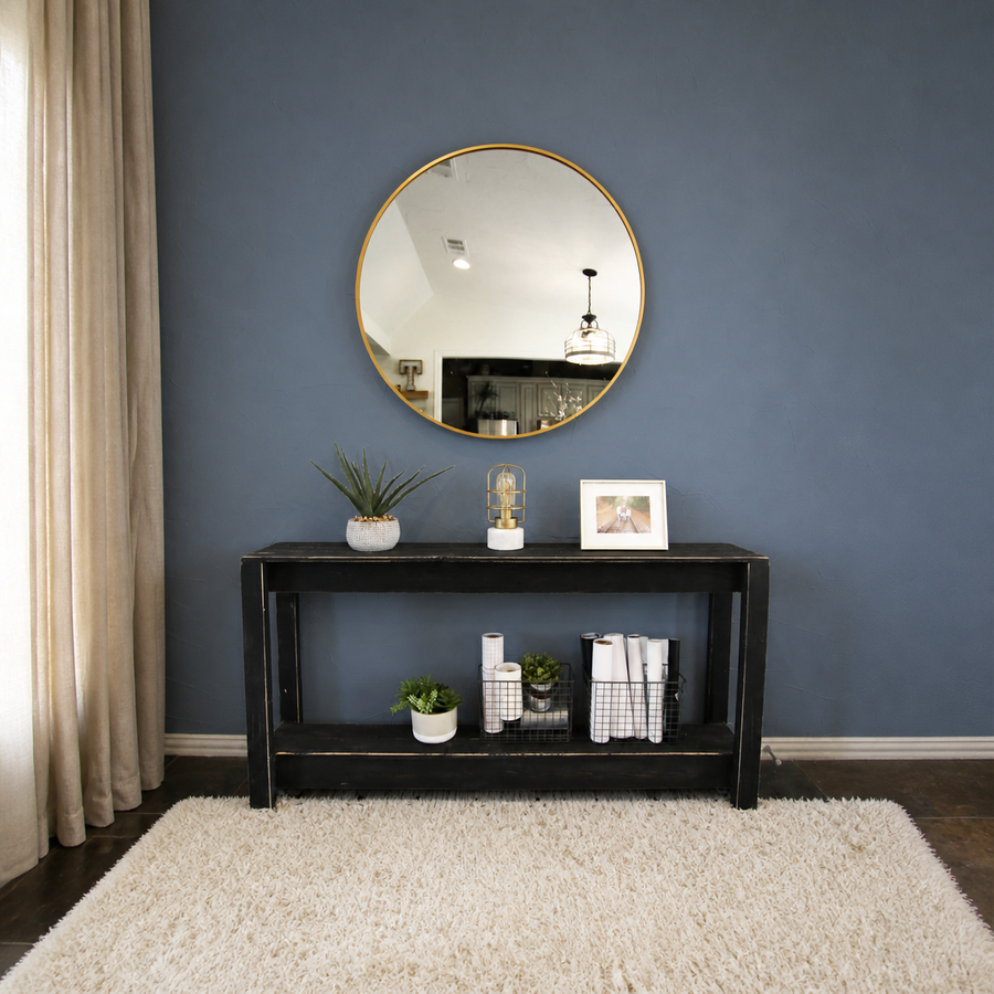 Varnholt Svinoy Wood Console Table in a restyled supplier room | Pipeline B room-shell edit 3