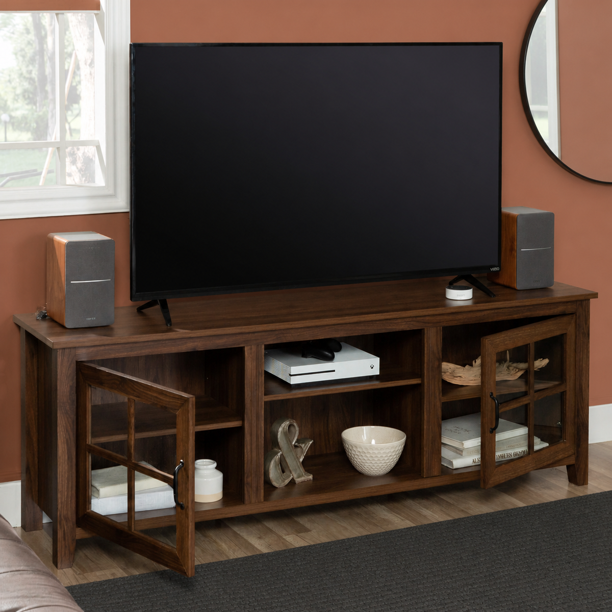 Varnholt Sydradalur Glass Door Tv Stand in a restyled supplier room | Pipeline B room-shell edit 2