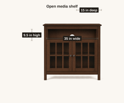 Open shelf dimensions | media shelf measures 35 inches wide, 9.5 inches high, and 15 inches deep