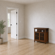 In scale | 35.5-inch-high TV stand beside a fully visible standard interior doorway