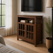Warm room angle | dark walnut TV stand from the front right beneath a wall-mounted TV