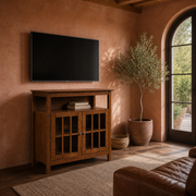 Terracotta room | dark walnut TV stand beneath a wall-mounted TV beside an arched garden door