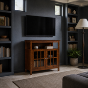 Blue-gray library | dark walnut TV stand centered between built-in bookcases beneath a TV