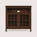 Front studio | dark walnut TV stand with an open media shelf and two glass cabinet doors
