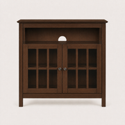 Front studio | dark walnut TV stand with an open media shelf and two glass cabinet doors