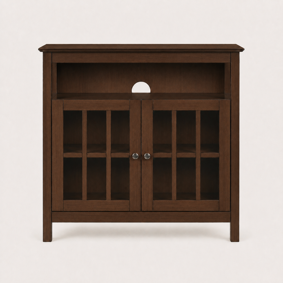 Front studio | dark walnut TV stand with an open media shelf and two glass cabinet doors