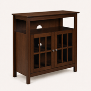Three-quarter studio | dark walnut TV stand showing the front, left side, media shelf, and glass doors