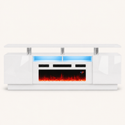 Front | front studio view of the high-gloss white fireplace TV stand with two side cabinets, center flames, blue-lit bay and three chrome posts