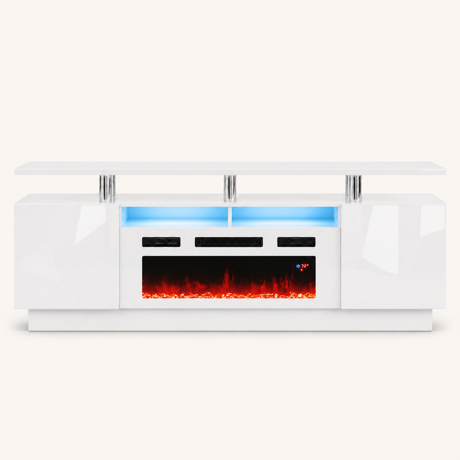 Front | front studio view of the high-gloss white fireplace TV stand with two side cabinets, center flames, blue-lit bay and three chrome posts