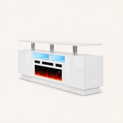 Side | right-side studio profile of the high-gloss white fireplace TV stand showing cabinet depth, upper shelf and three chrome posts