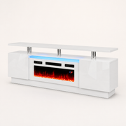 Studio | three-quarter studio view of the high-gloss white fireplace TV stand showing side cabinet depth, upper shelf, blue-lit bay and three chrome posts