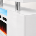 Texture | close view of the high-gloss white cabinet surface, reflective edge, chrome post and blue-lit media bay