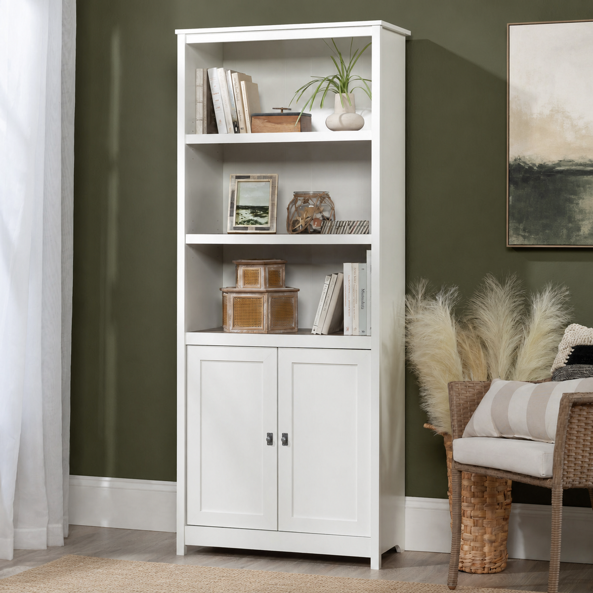Varnholt Vidareidi Wood Bookcase in a restyled supplier room | Pipeline B room-shell edit 1