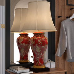 Vase Lamp, 1 Light, Dark Red with Gold Floral Design