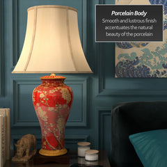 Vase Lamp, 1 Light, Dark Red with Gold Floral Design