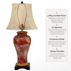 Vase Lamp, 1 Light, Dark Red with Gold Floral Design