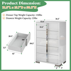 Vertical Chest of Drawers, 5 Drawers, White MDF with Gloss Finish
