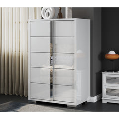 Vertical Chest of Drawers, 5 Drawers, White MDF with Gloss Finish